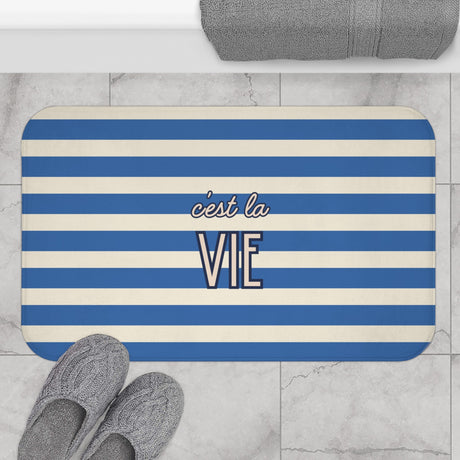 C'est la Vie Blue Striped Bath Mat — Nautical French Bathroom Rug