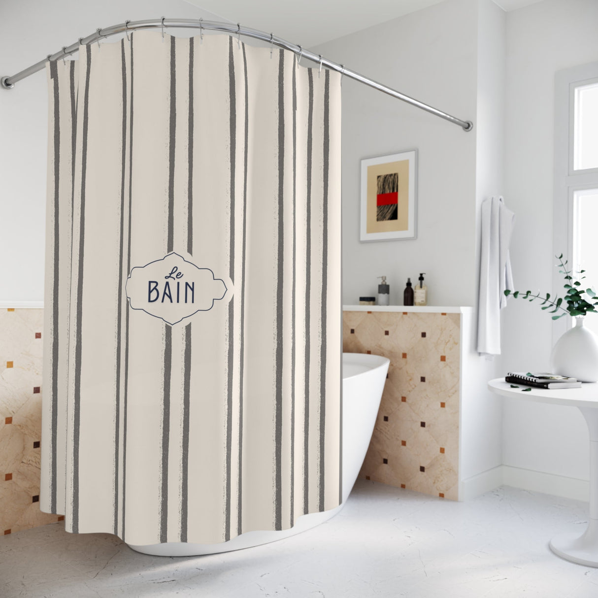 Shower Curtain — Grey Striped French 'Le Bain' Bathroom Decor