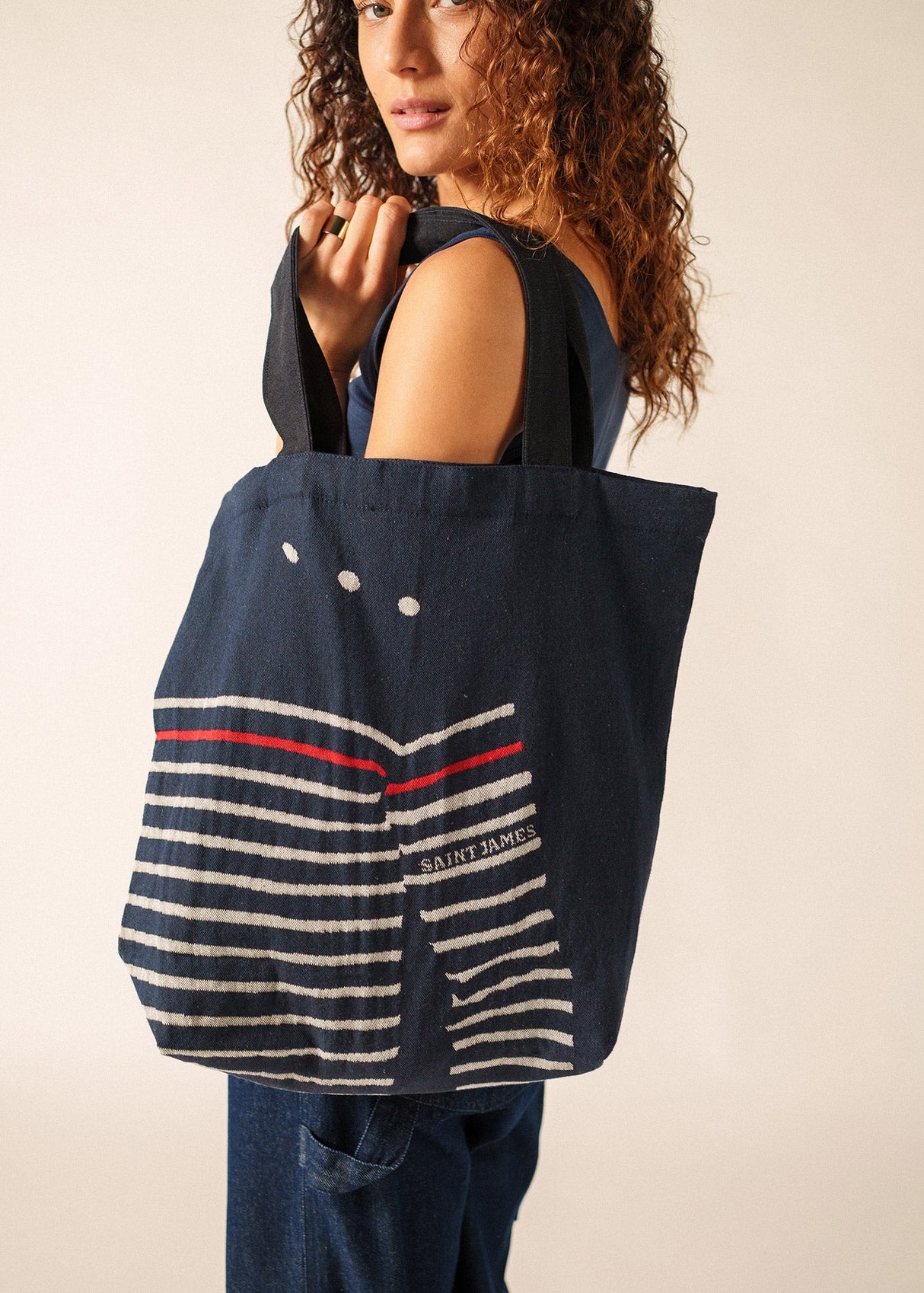 Saint James STRIPED TOTE BAG - Tote Bag in Recycled Cotton (NAVY / ECRU)