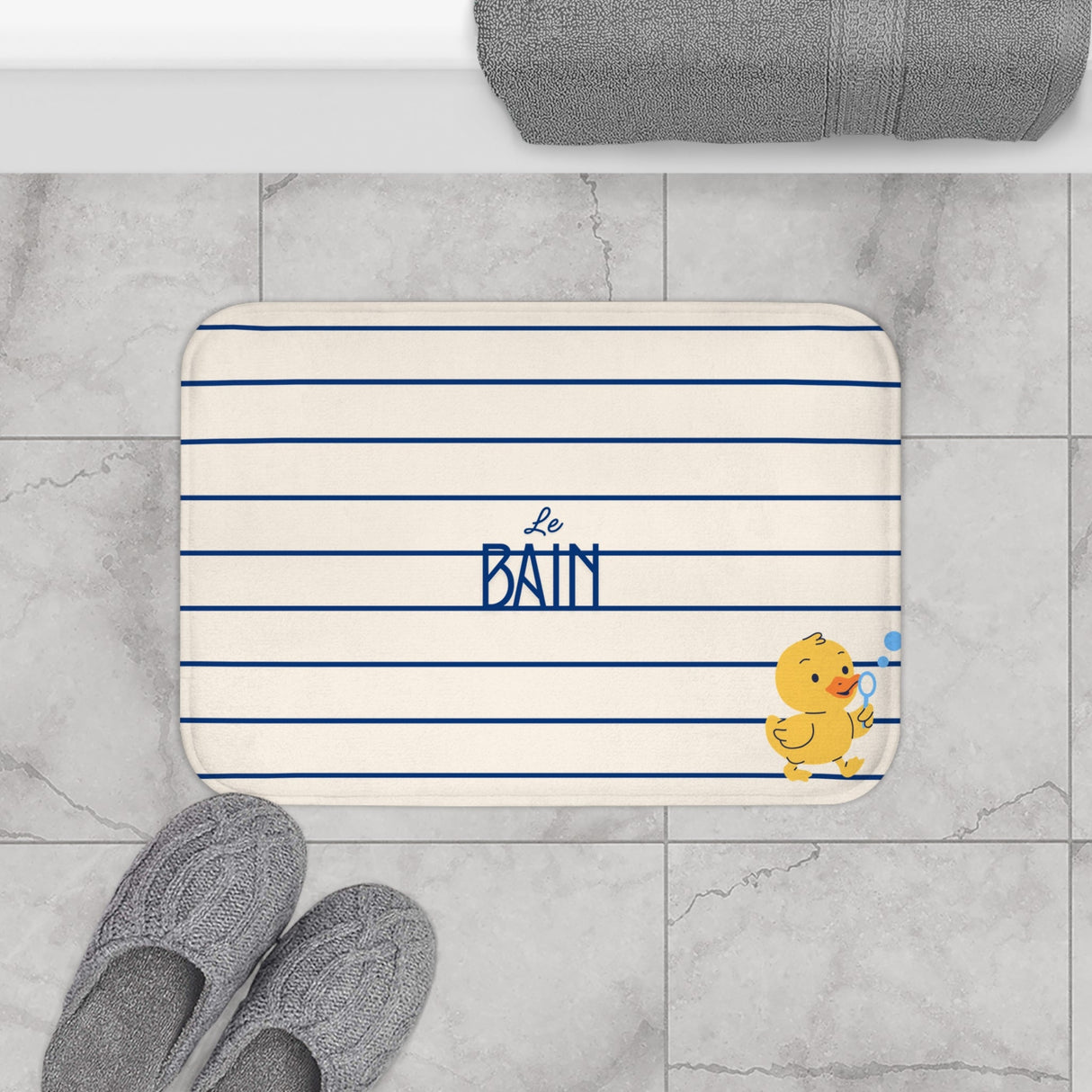 Rubber Duck Bath Mat – Cute 'Le Bain' Striped Bathroom Rug for Kids & Nursery