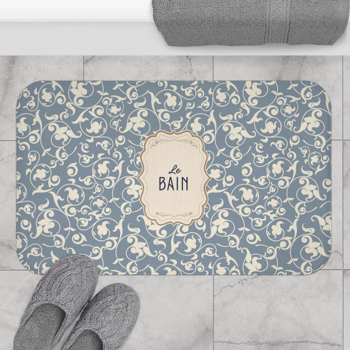Le Bain Vintage Floral Bath Mat, Grey-Blue Pattern