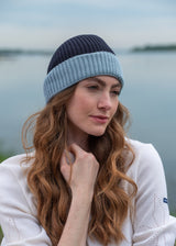 CANOT - Two-Tone Soft Wool Beanie in Purl Knit  (NAVY / LIGHT COASTAL BLUE)