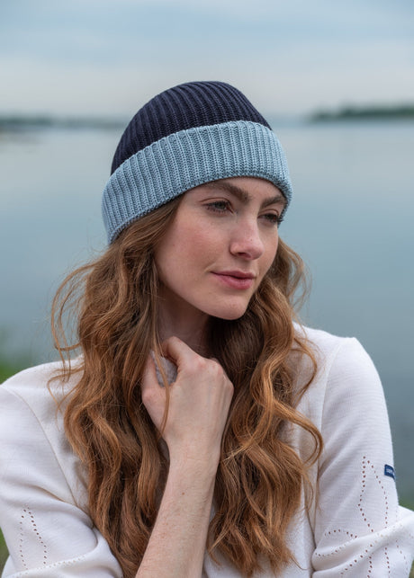 CANOT - Two-Tone Soft Wool Beanie in Purl Knit  (NAVY / LIGHT COASTAL BLUE)