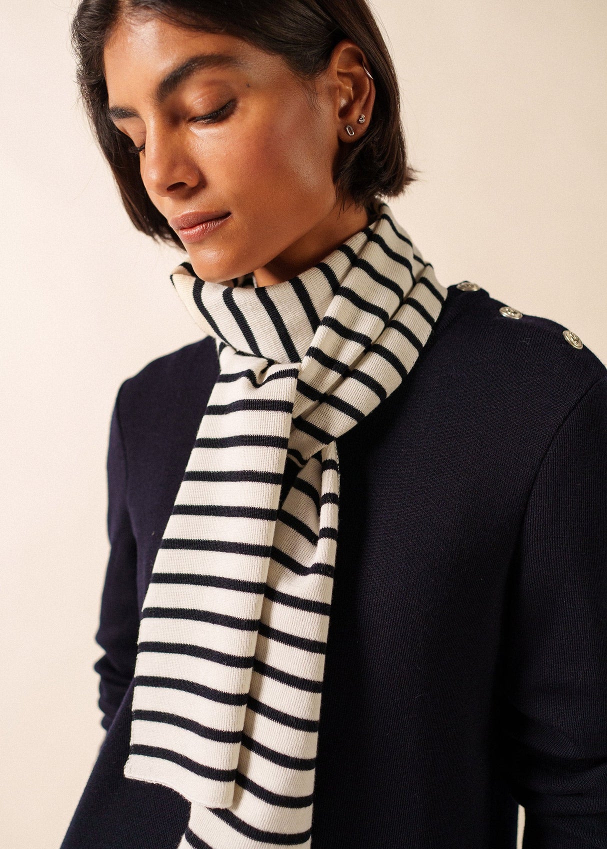 Saint James DUGUAY - Striped Scarf in Comfortable Wool Blend (IVORY / NAVY)