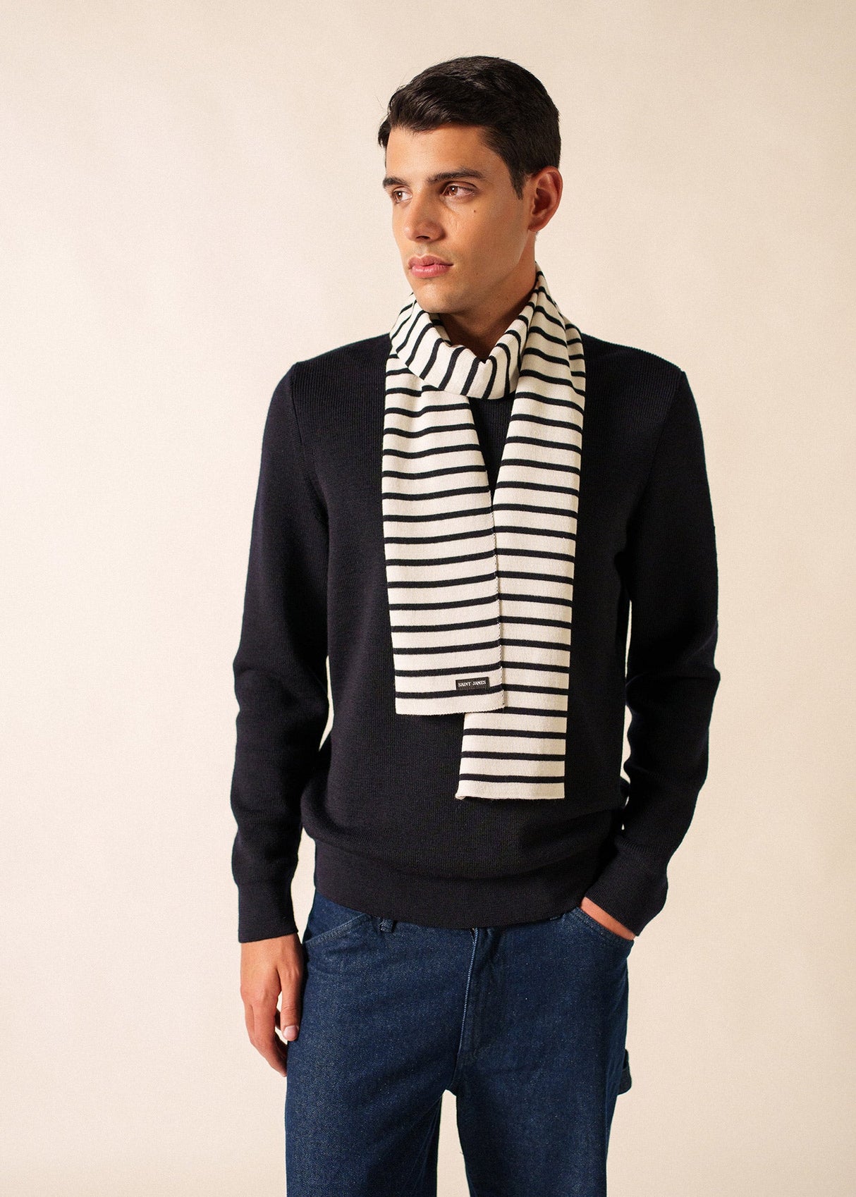 Saint James DUGUAY - Striped Scarf in Comfortable Wool Blend (IVORY / NAVY)