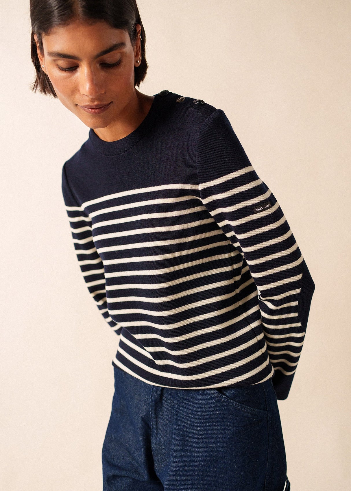 Saint James BREGANCON - Breton Striped Sweater with Jacquard Elbow Patch for Women (NAVY / IVORY)