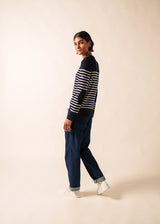 Saint James BREGANCON - Breton Striped Sweater with Jacquard Elbow Patch for Women (NAVY / IVORY)
