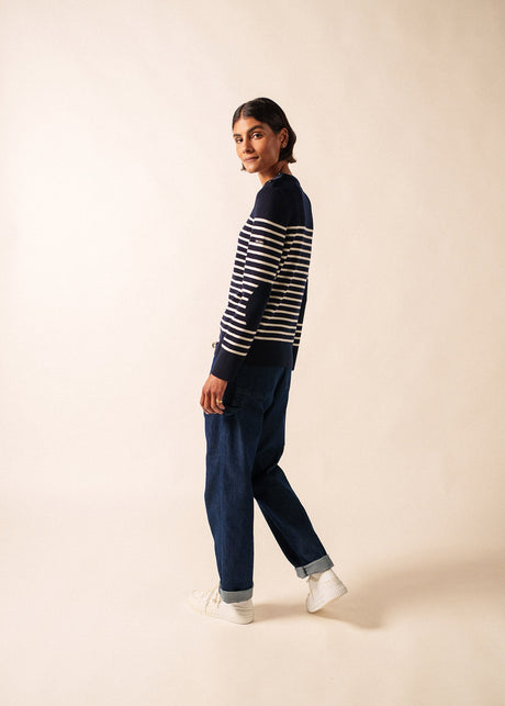 Saint James BREGANCON - Breton Striped Sweater with Jacquard Elbow Patch for Women (NAVY / IVORY)