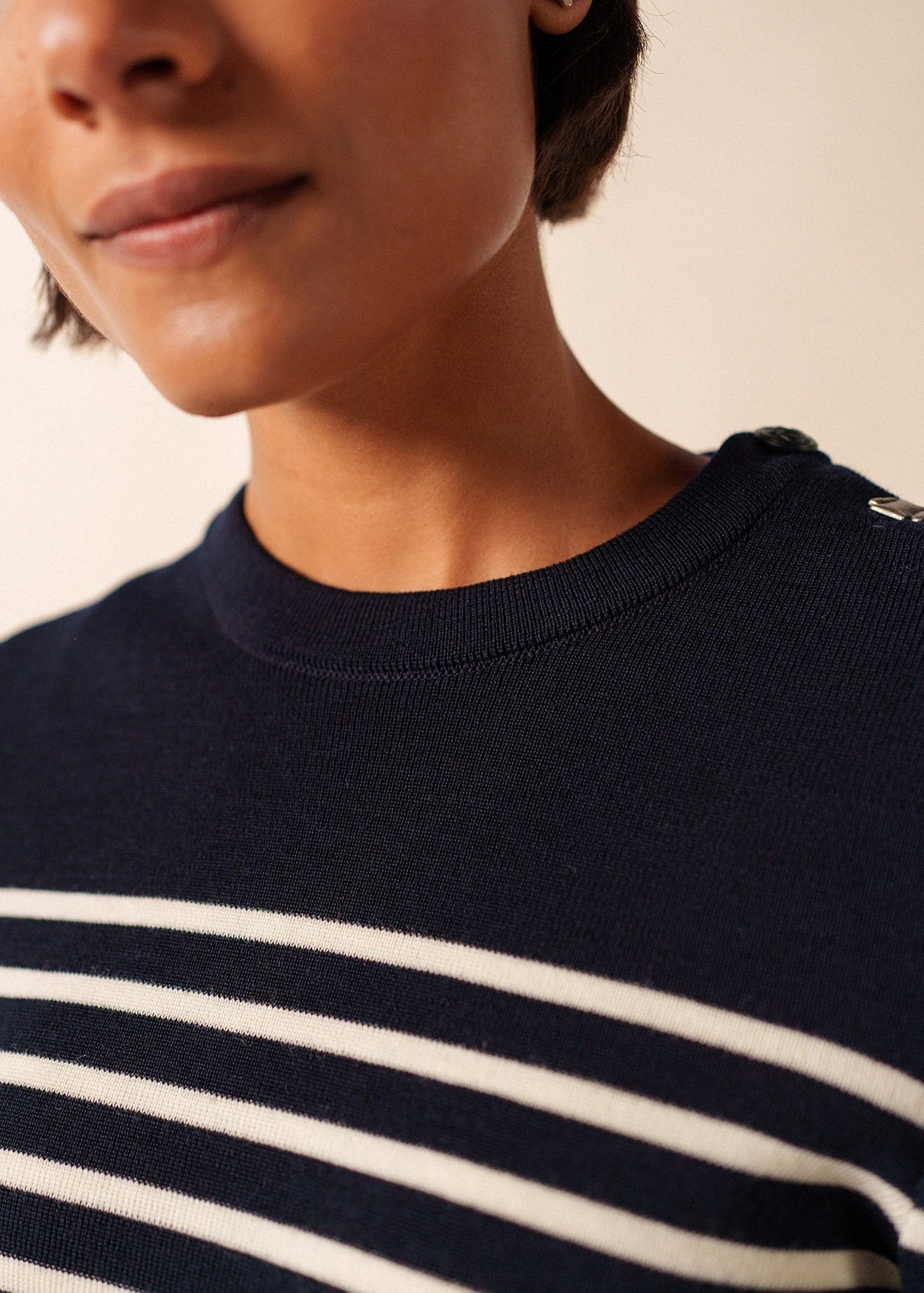 Saint James BREGANCON - Breton Striped Sweater with Jacquard Elbow Patch for Women (NAVY / IVORY)