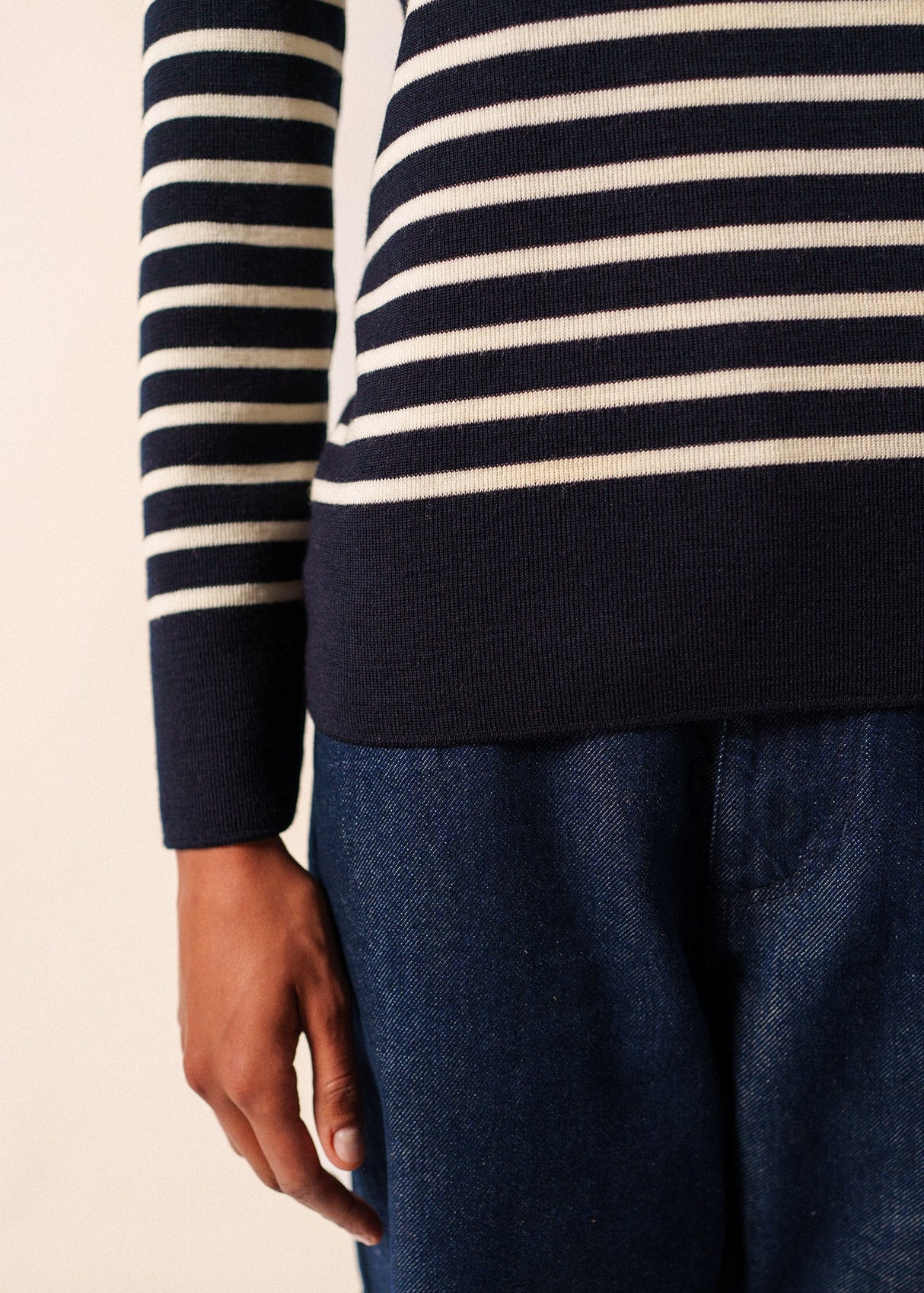 Saint James BREGANCON - Breton Striped Sweater with Jacquard Elbow Patch for Women (NAVY / IVORY)
