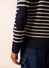 Saint James BREGANCON - Breton Striped Sweater with Jacquard Elbow Patch for Women (NAVY / IVORY)
