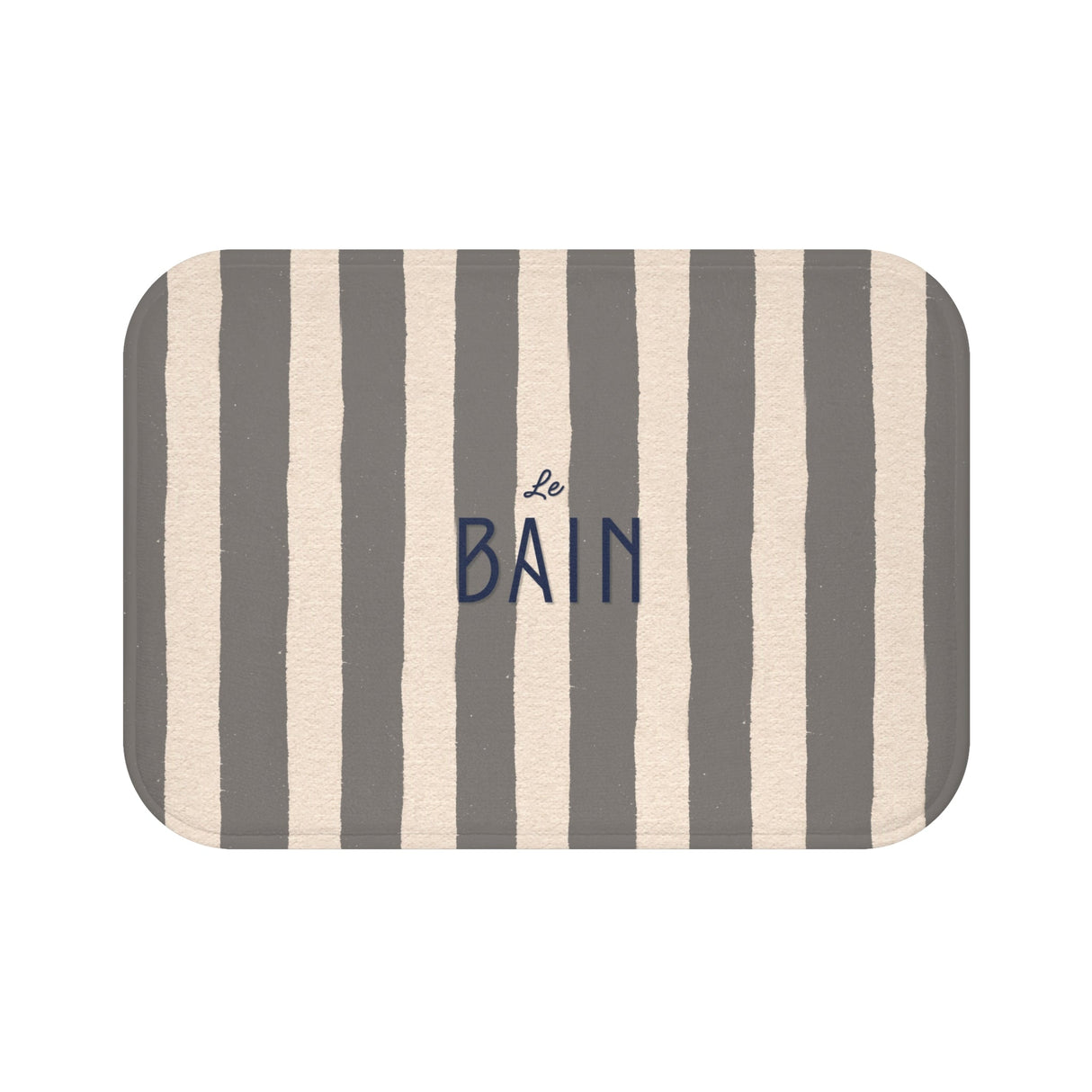 Le Bain Striped Bathroom Bath Mat — French Script, Neutral Grey & Cream