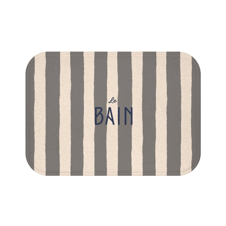 Le Bain Striped Bathroom Bath Mat — French Script, Neutral Grey & Cream