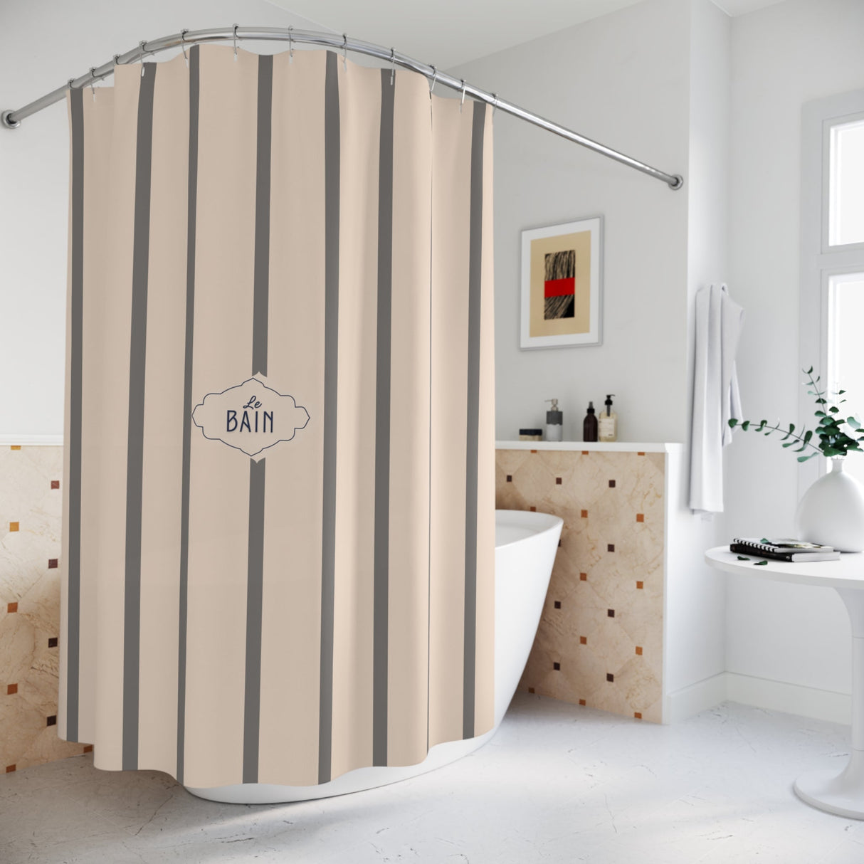 Shower Curtain — Grey Striped French 'Le Bain' Bathroom Decor