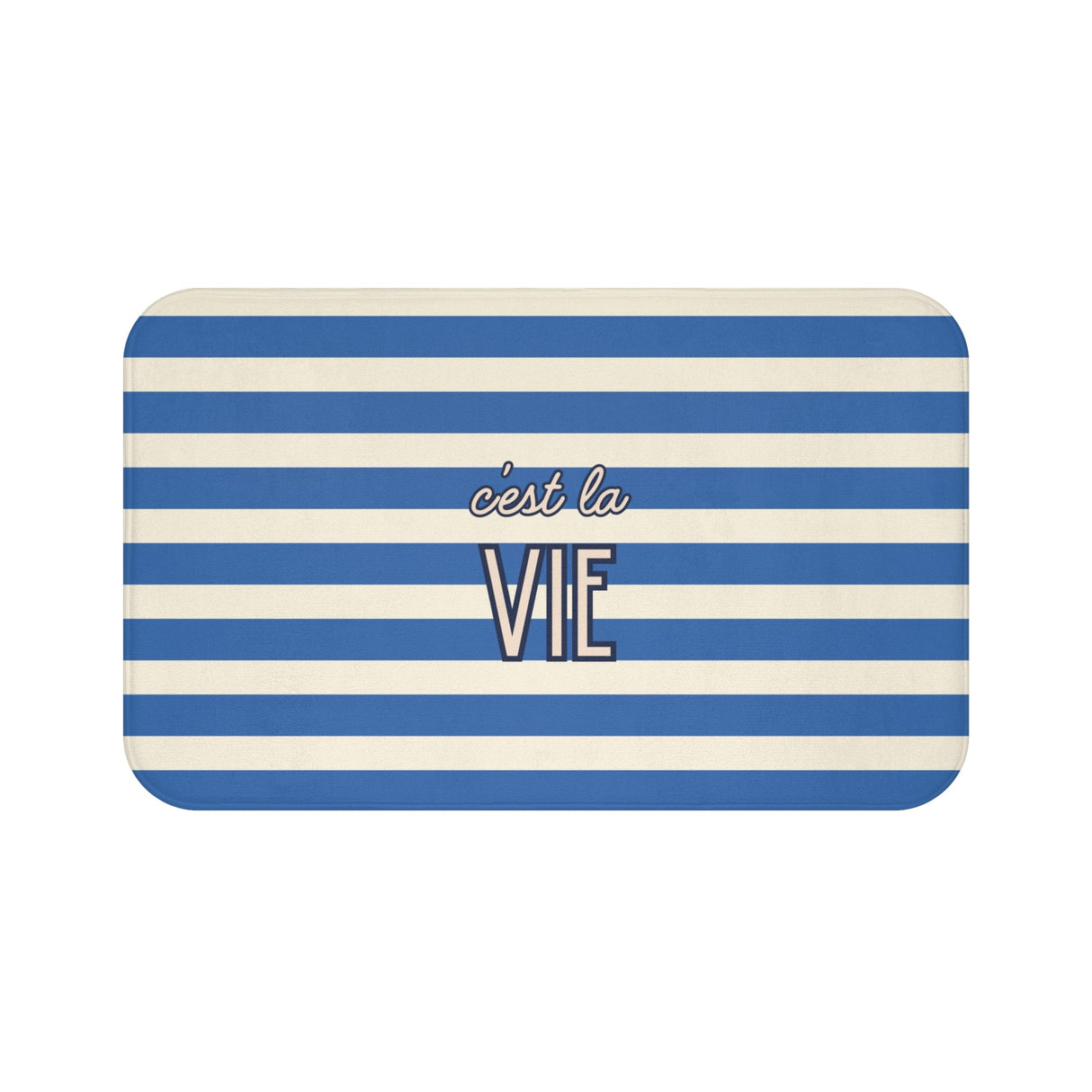 C'est la Vie Blue Striped Bath Mat — Nautical French Bathroom Rug