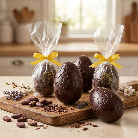 Chocolate eggs with cellophane wraps and yellow ribbons on a wooden board in a kitchen setting.