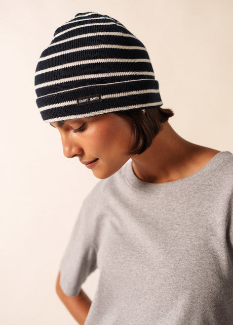 Saint James CARTIER - Nautical Striped Wool Blend Beanie (NAVY / IVORY)