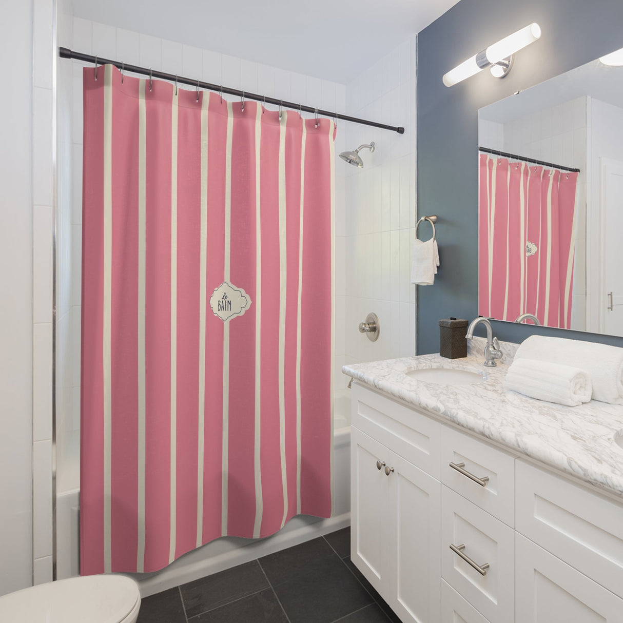 Shower Curtain — Pink Striped French 'Le Bain' Bathroom Decor