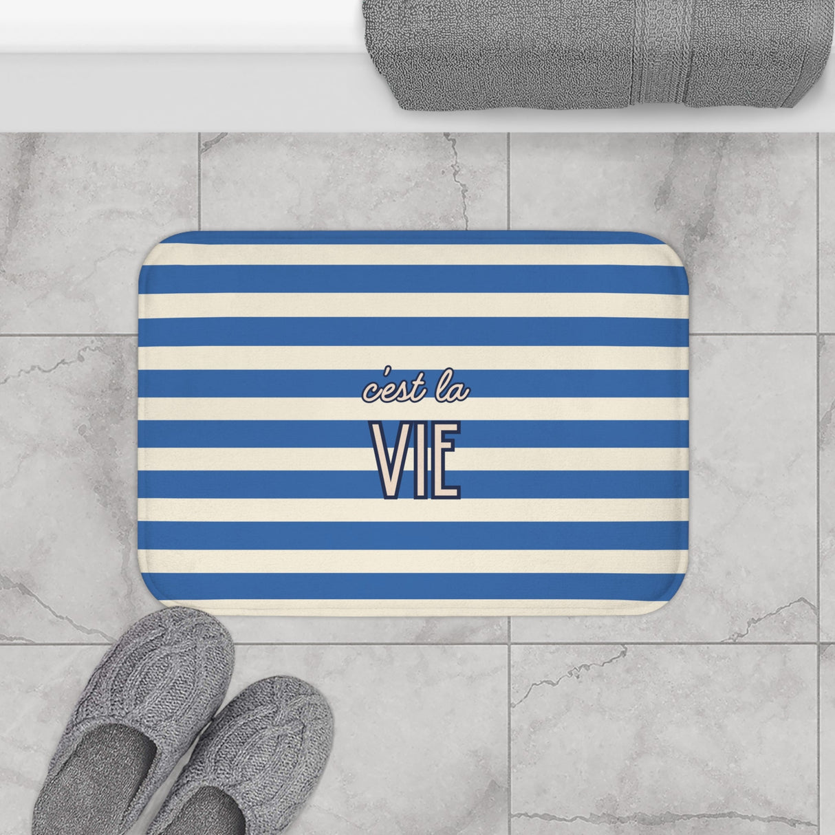 C'est la Vie Blue Striped Bath Mat — Nautical French Bathroom Rug