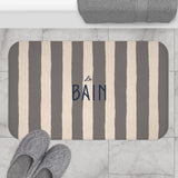 Le Bain Striped Bathroom Bath Mat — French Script, Neutral Grey & Cream
