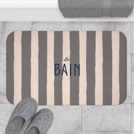 Le Bain Striped Bathroom Bath Mat — French Script, Neutral Grey & Cream