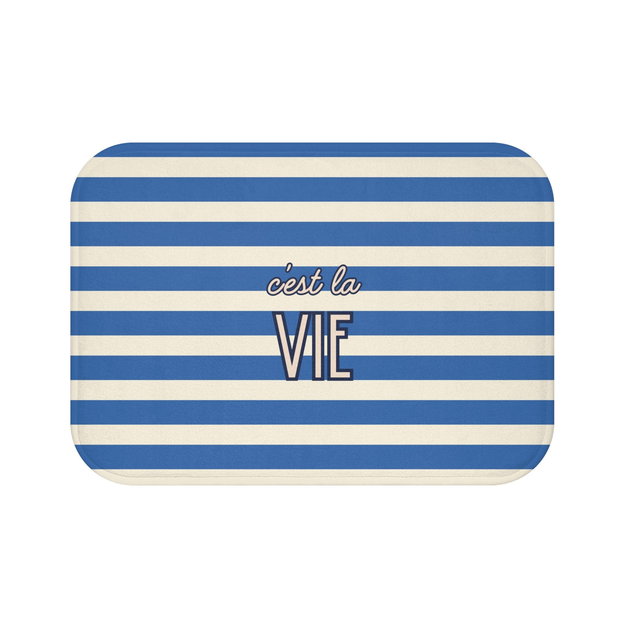 C'est la Vie Blue Striped Bath Mat — Nautical French Bathroom Rug
