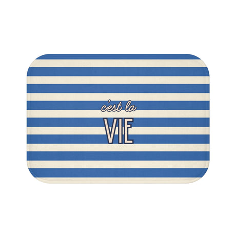 C'est la Vie Blue Striped Bath Mat — Nautical French Bathroom Rug
