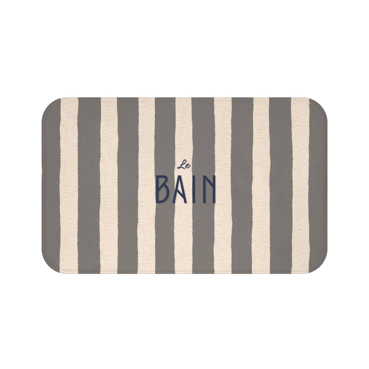 Le Bain Striped Bathroom Bath Mat — French Script, Neutral Grey & Cream