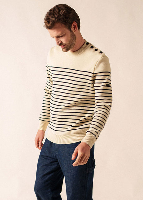 Saint James BINIC - Authentic Striped Fisherman Sweater With Shoulder Buttons in Wool | Loose Fit (ECRU / NAVY)