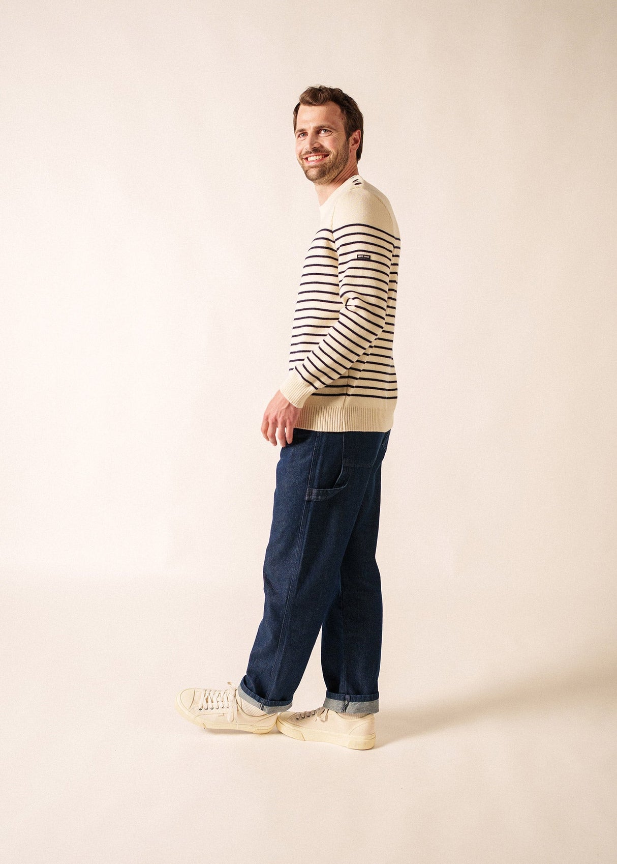 Saint James BINIC - Authentic Striped Fisherman Sweater With Shoulder Buttons in Wool | Loose Fit (ECRU / NAVY)