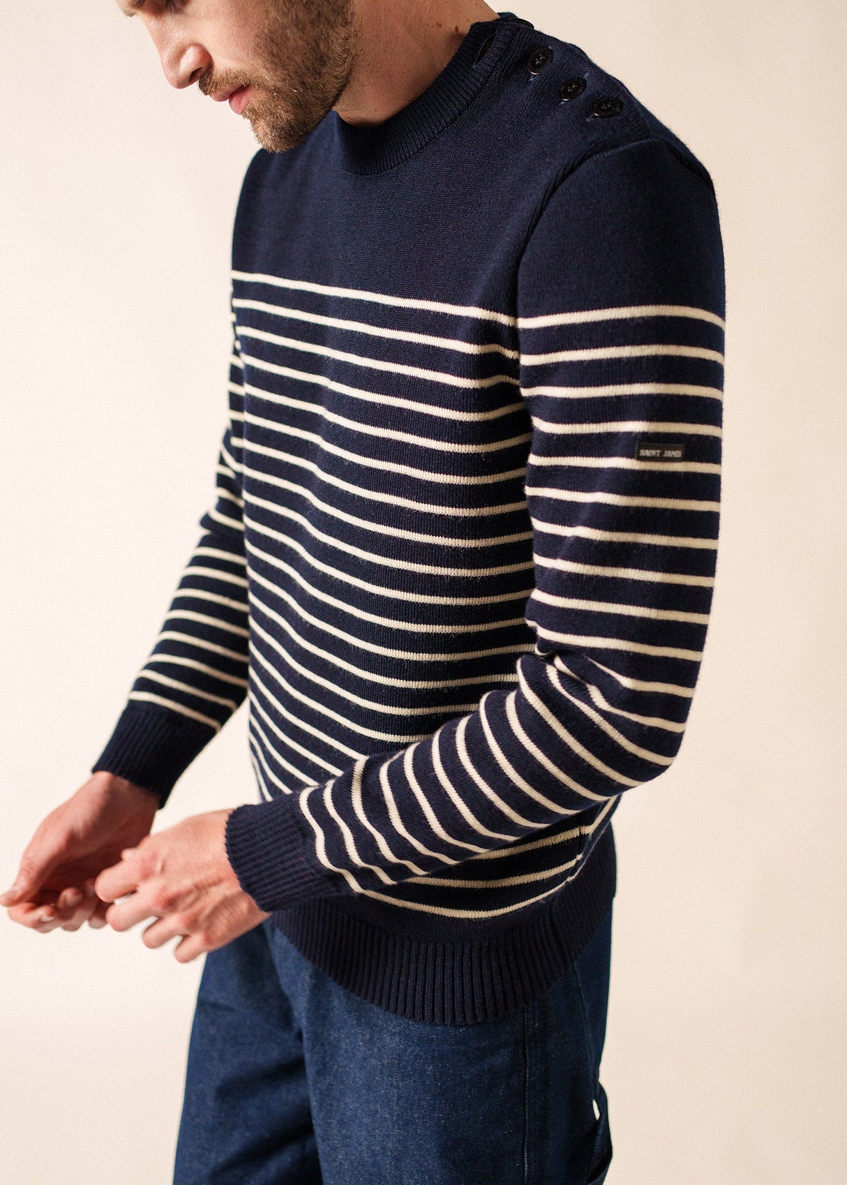 Saint James BINIC - Authentic Striped Fisherman Sweater With Shoulder Buttons in Wool | Loose Fit (NAVY / ECRU)
