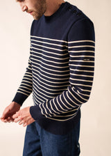 Saint James BINIC - Authentic Striped Fisherman Sweater With Shoulder Buttons in Wool | Loose Fit (NAVY / ECRU)