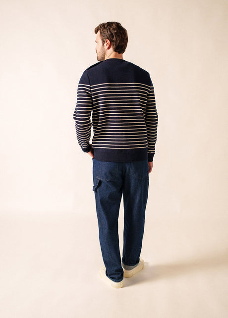 Saint James BINIC - Authentic Striped Fisherman Sweater With Shoulder Buttons in Wool | Loose Fit (NAVY / ECRU)
