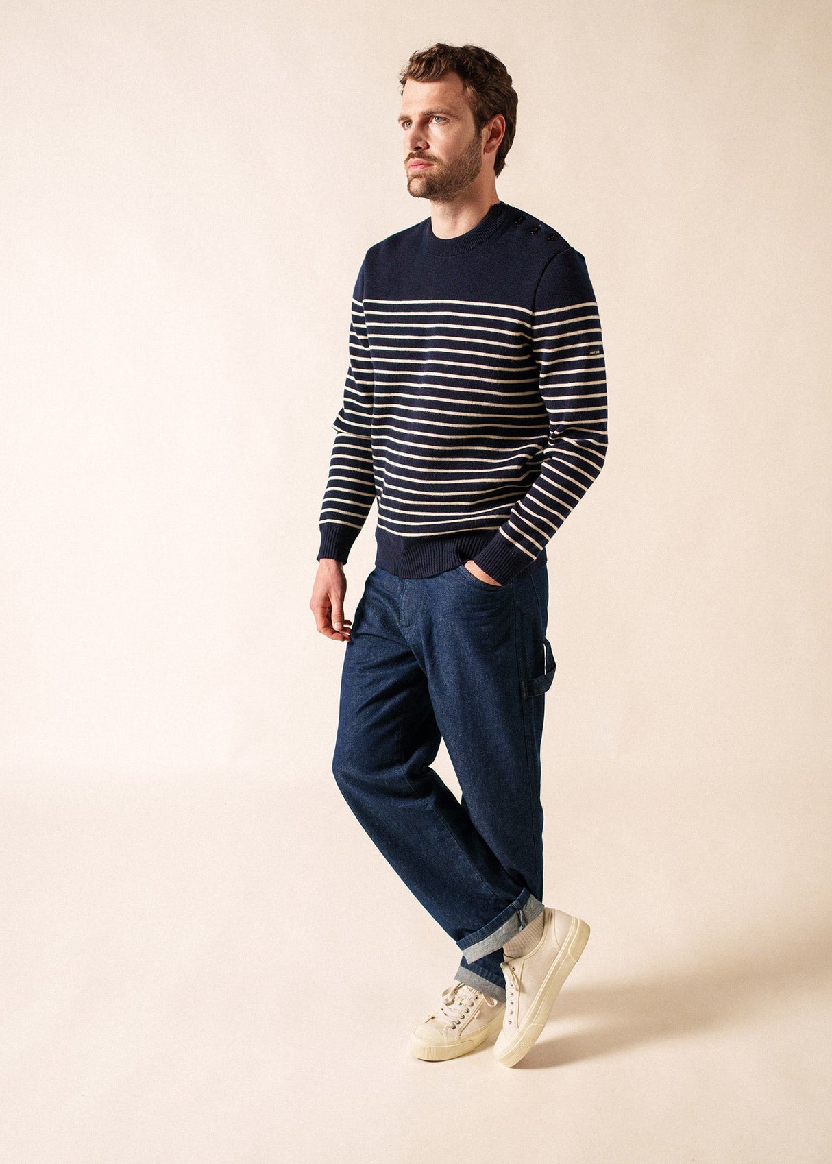 Saint James BINIC - Authentic Striped Fisherman Sweater With Shoulder Buttons in Wool | Loose Fit (NAVY / ECRU)