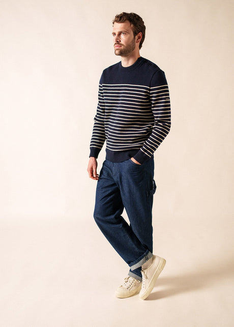 Saint James BINIC - Authentic Striped Fisherman Sweater With Shoulder Buttons in Wool | Loose Fit (NAVY / ECRU)