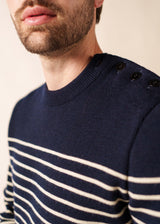 Saint James BINIC - Authentic Striped Fisherman Sweater With Shoulder Buttons in Wool | Loose Fit (NAVY / ECRU)
