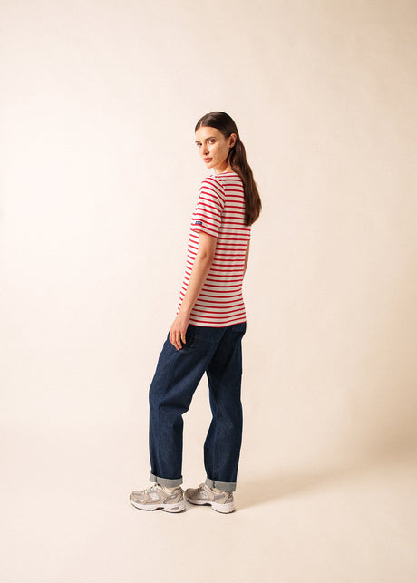 Saint James LEVANT MODERN - Breton Stripe Short Sleeve Shirt | Soft Cotton | Unisex Fit (WHITE / RED)