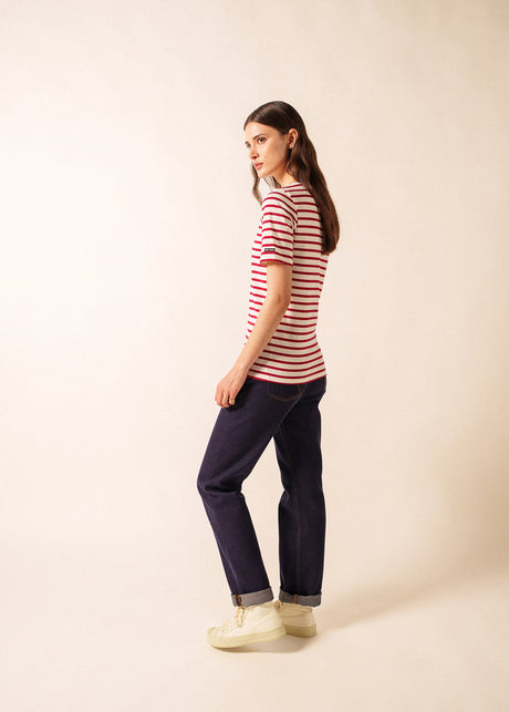 Saint James LEVANT MODERN - Breton Stripe Short Sleeve Shirt | Soft Cotton | Unisex Fit (ECRU / MAROON)