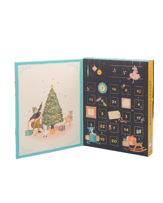 Open Advent calendar showing Christmas-themed illustrations on a white background