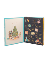 Open Advent calendar showing Christmas-themed illustrations on a white background