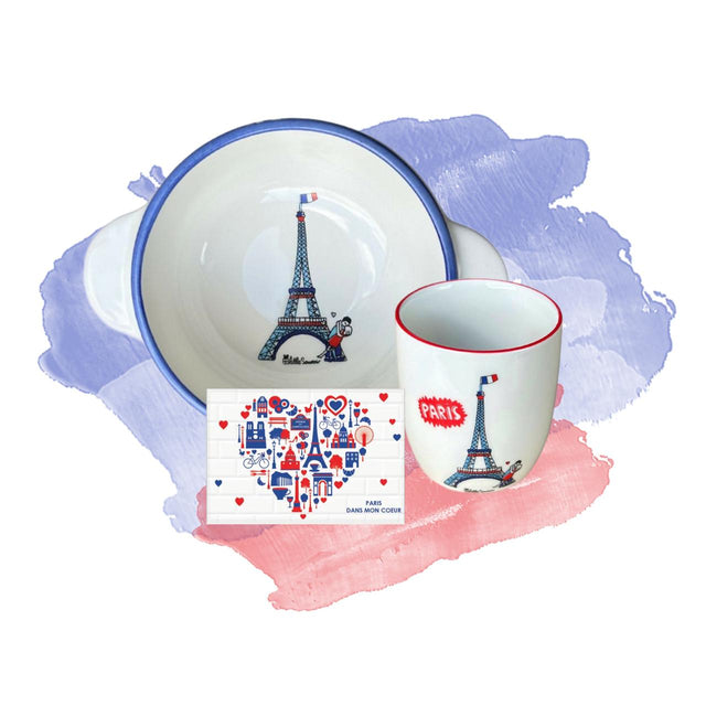 Ceramic set with Eiffel Tower design on a colorful watercolor background