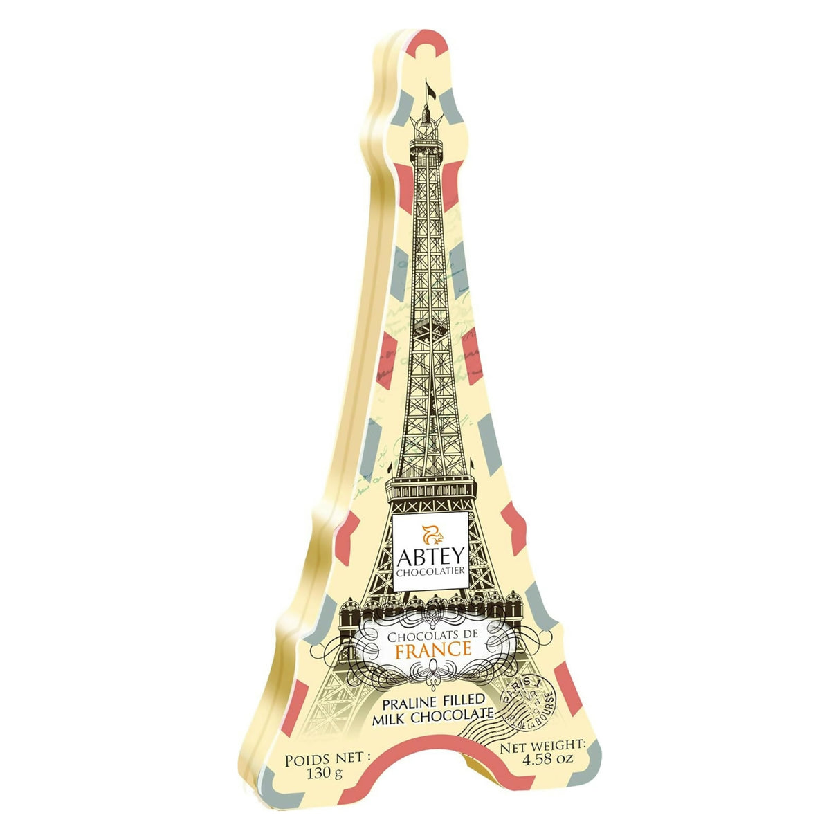 Abtey Chocolatier Eiffel Tower tin filled 10 milk chocolates w/ creamy praliné center · 130g (4.6 oz)