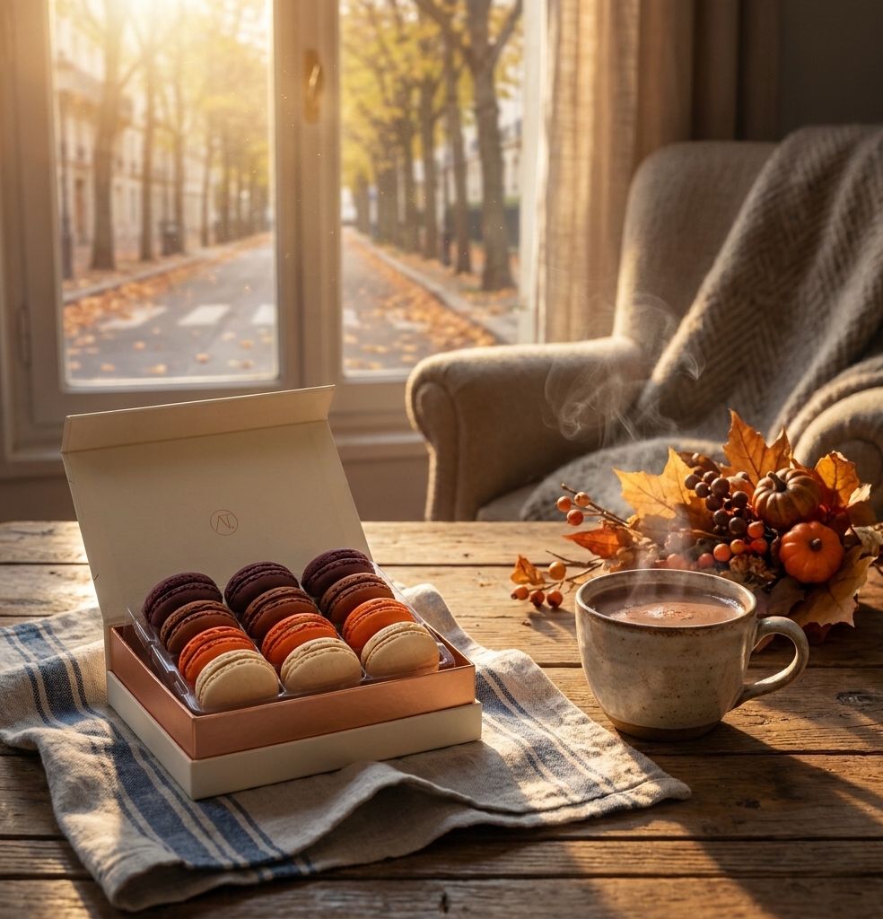 An open box of assorted macarons sits on a wooden table beside a steaming mug and autumn decor, with a cozy armchair and window showing a sunlit tree-lined street in the background.