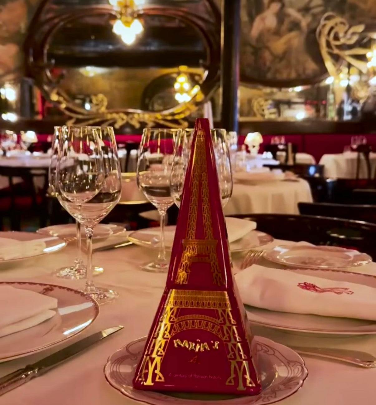 Eiffel Tower Tin filled with chocolate covered crispy crepes - Maxim's de Paris