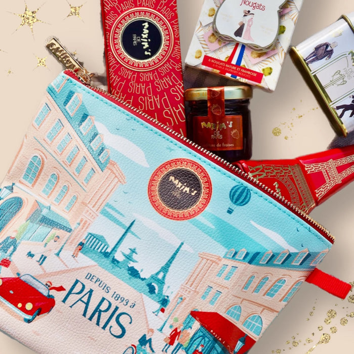a pouch with a parisian street filled with Maxim's products