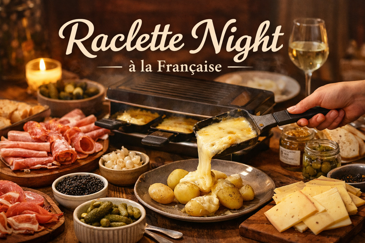 Raclette night setup with raclette grill, cheese, and various foods on a table.