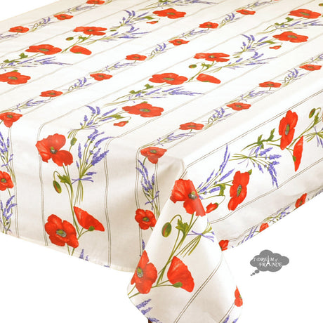 58" Square Poppies Cream Acrylic-Coated Cotton Tablecloth by Tissus Toselli