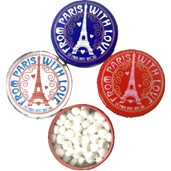 tricolore Mint Candies tins with Eiffel Tower design and 'From Paris with Love' text.