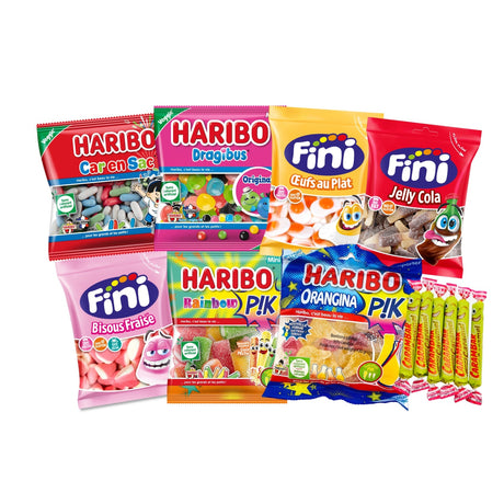 Assorted Haribo and Fini candy packages on a white background
