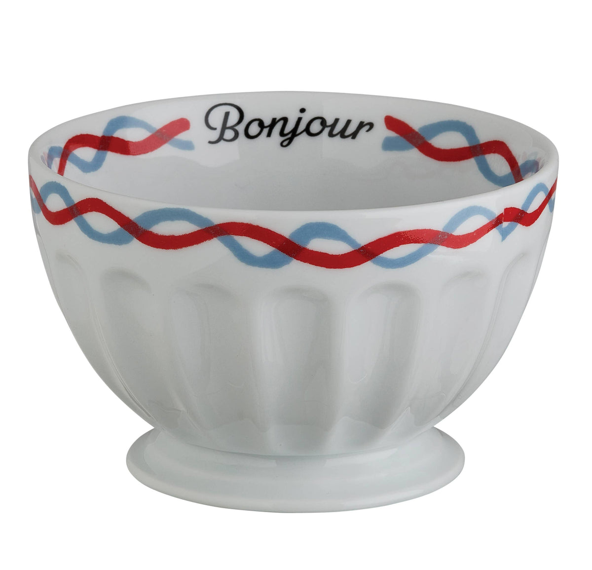 A white ceramic bowl with a fluted exterior and a round pedestal base, decorated with wavy red and blue lines around the rim and the word 'Bonjour' in black script inside. The bowl is photographed on a clean white background.